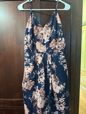 Chelsea28 Navy Floral Midi Slip Dress with Blush Pink Blooms
